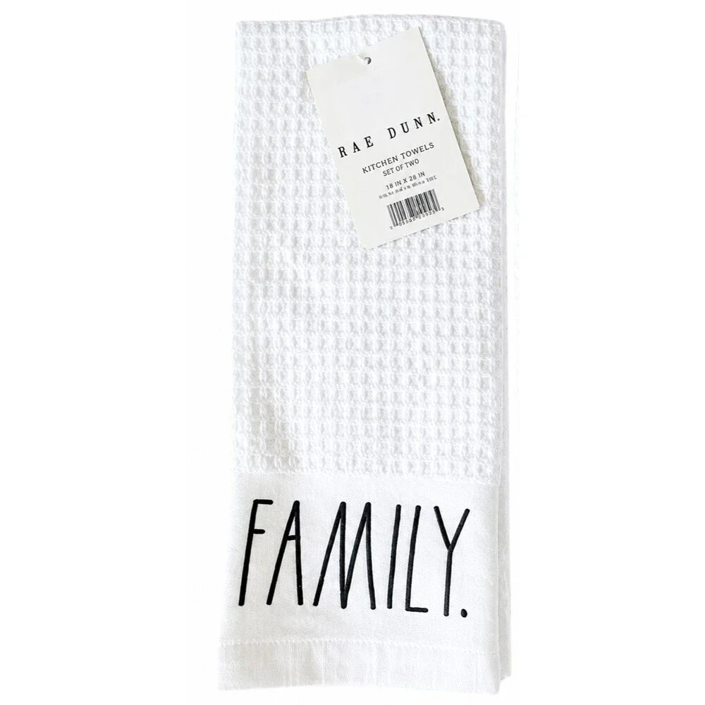 Rae Dunn Kitchen Dish Towels Set of 2 Embroidered Blessed Family White Woven